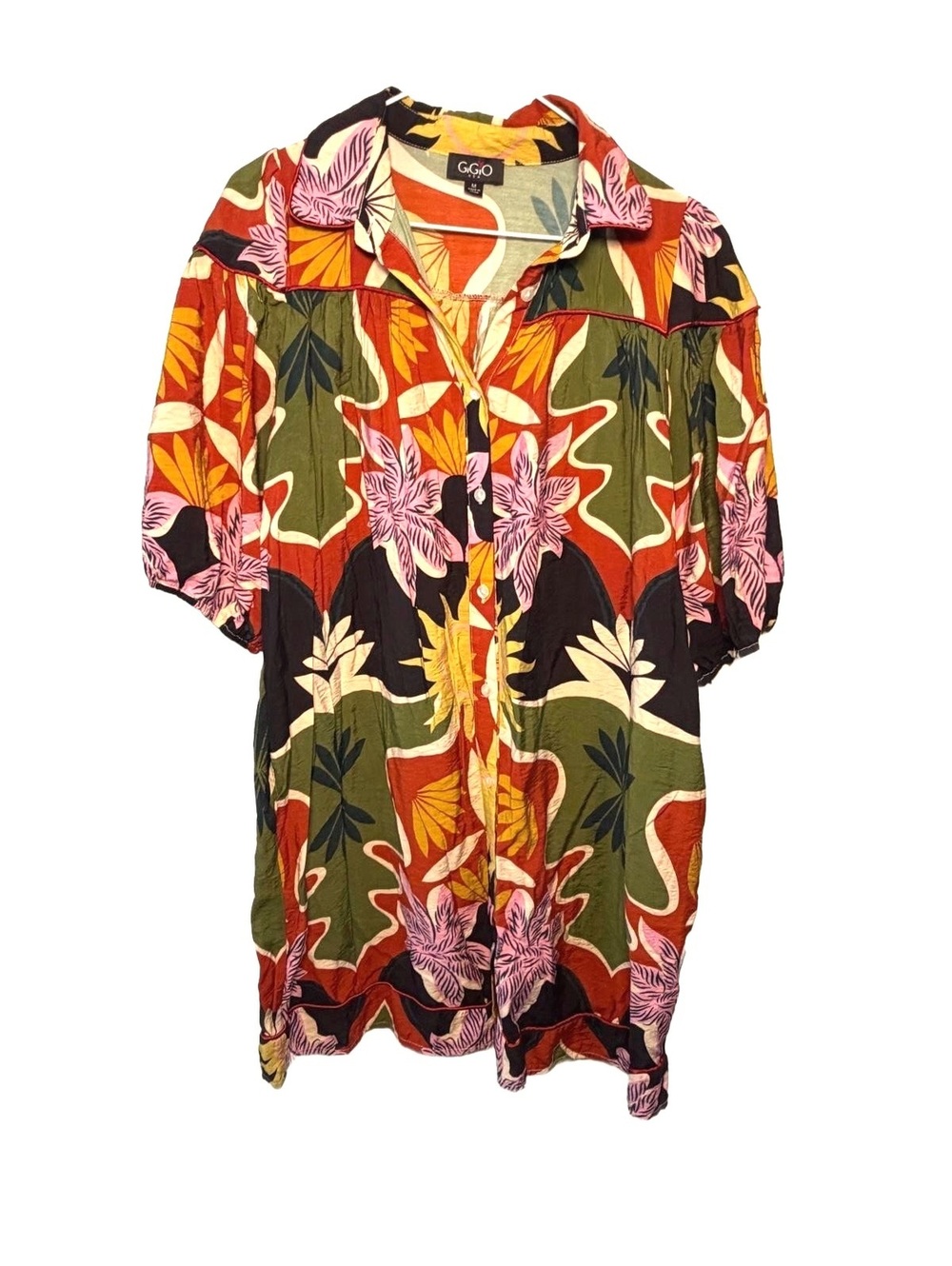 GiGiO GGO USA Dress Women M Boho Tropical Floral Button Front Puff Sleeve Midi